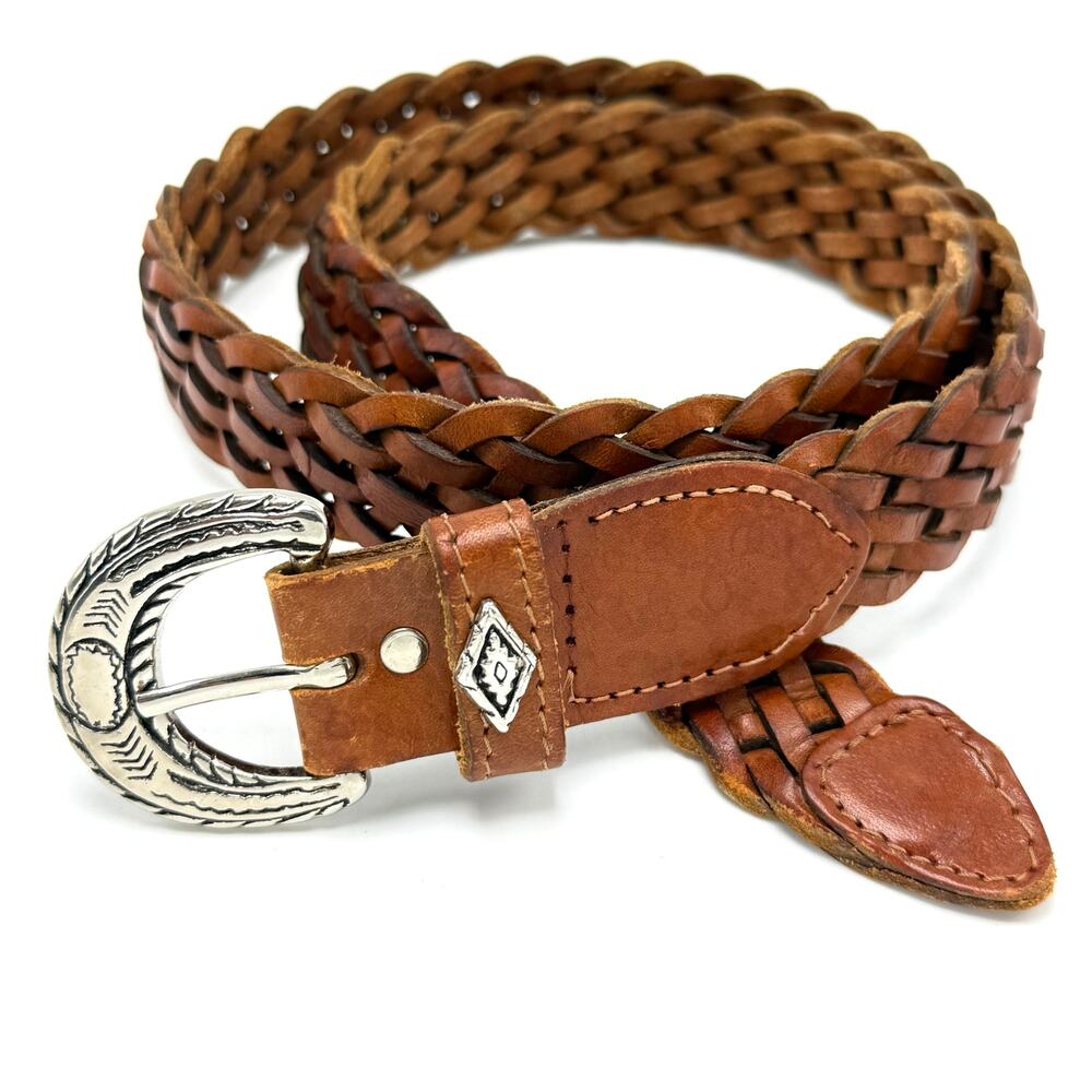 Vintage 90s Braided Leather Western Belt S 24-30 Brown Southwestern Boho Hippie